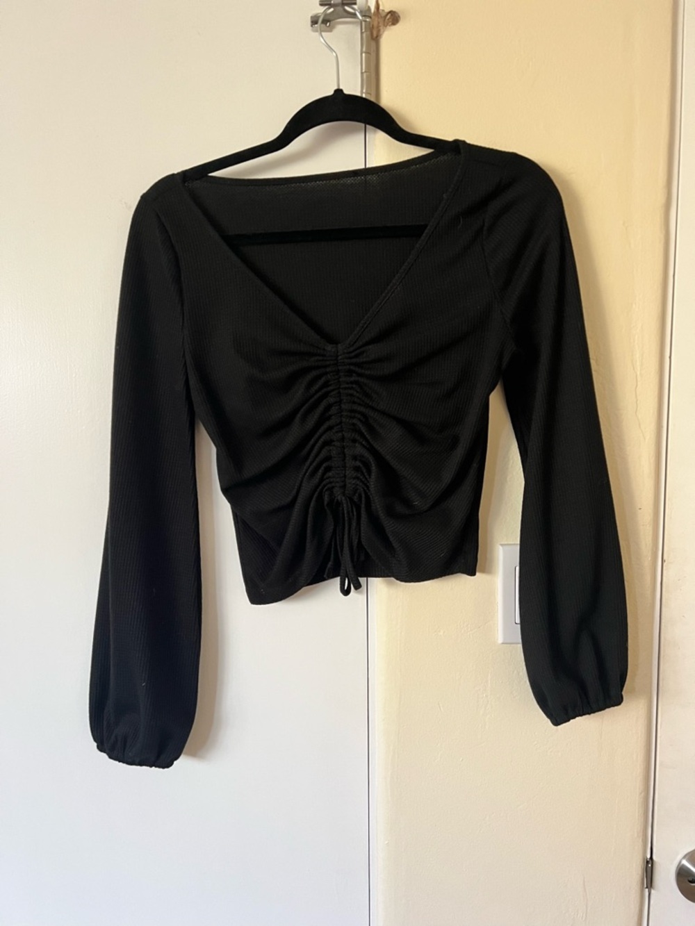 Black Ruched V-Neck Long Sleeve Top